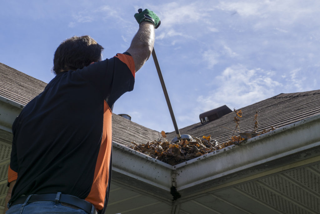 max cleaning leaves out of gutter